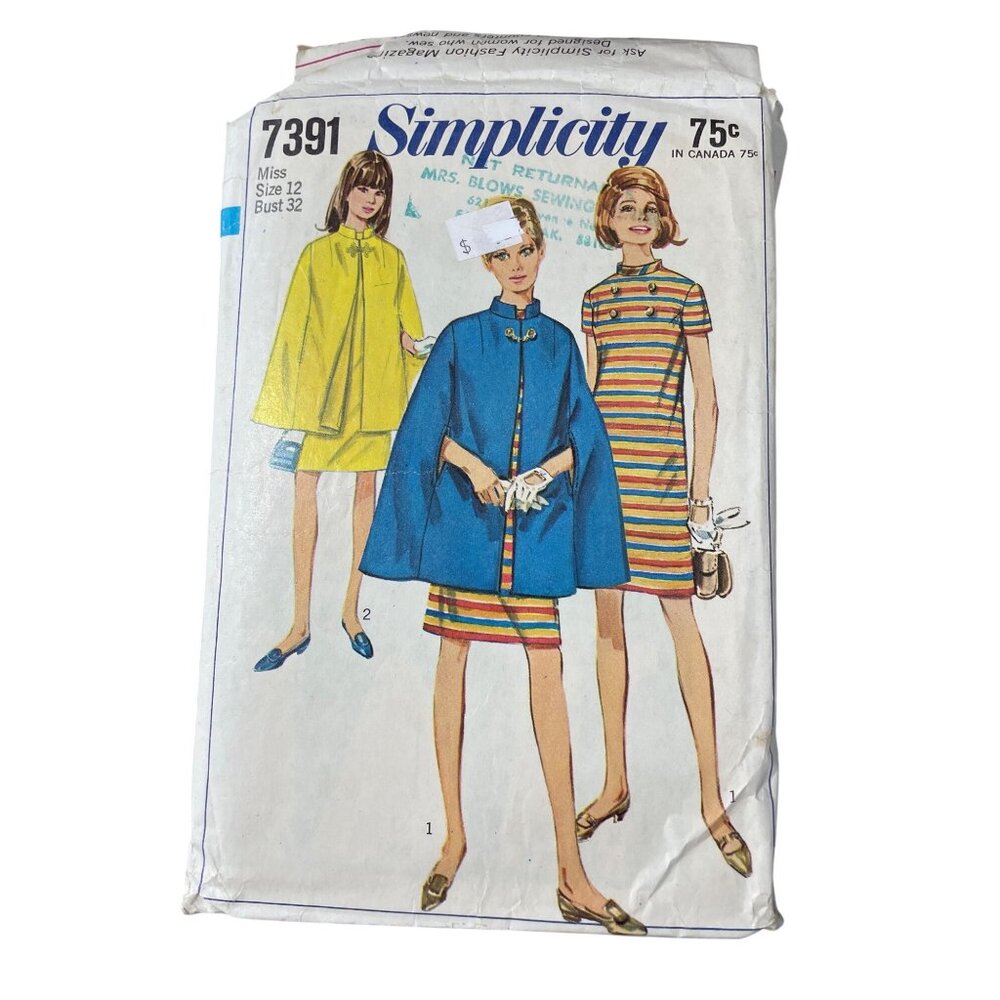 60s Simplicity Sewing Pattern 7391 Cape and Dress Size 12 Vintage 1967 Retro CUT